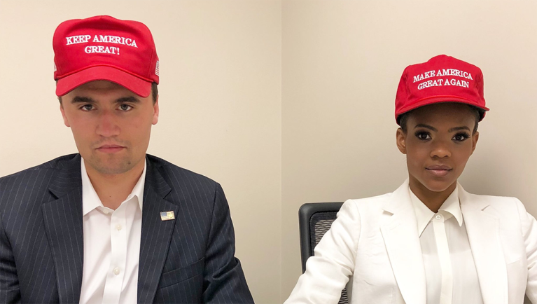 Charlie Kirk and Candace Owens of Turning Point USA show off their MAGA hats.
