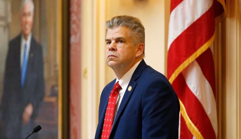 House Speaker, Del. Kirk Cox, R-Colonial Heights, presides over the House during the session at the Capitol in Richmond, Va., Wednesday, Jan. 23, 2019. A panel of federal judges has chosen a redistricting map for Virginia's House of Delegates that could shift some districts toward Democrats and help the party regain control in this year's election.