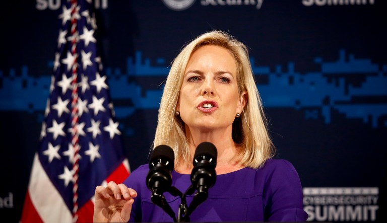 Secretary of Homeland Security Kirstjen Nielsen address the Department of Homeland Security (DHS) National Cybersecurity Summit, Tuesday, July 31, 2018, in New York.
