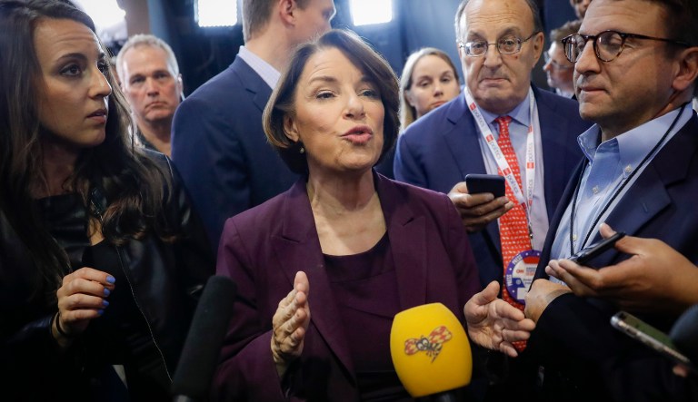 Democratic presidential candidate Sen. Amy Klobuchar, D-Minn., speaks to media in the spin room following a Democratic presidential primary debate hosted by CNN/New York Times at Otterbein University, Tuesday, Oct. 15th, 2019, in Westerville, Ohio.