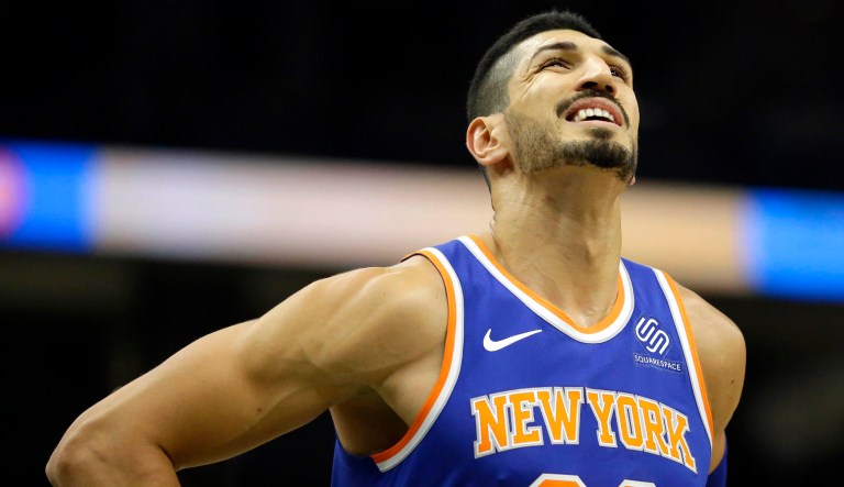 New York Knicks' Enes Kanter reacts during the first half of an NBA basketball game against the Milwaukee Bucks Monday, Oct. 22, 2018, in Milwaukee.