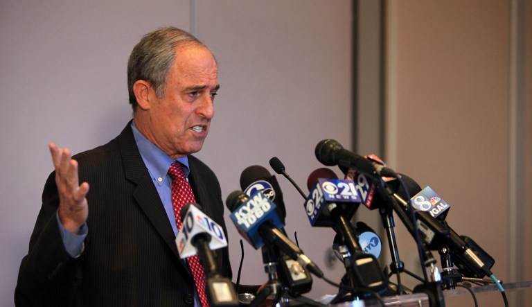 Lanny Davis, attorney for Pennsylvania Attorney General Kathleen Kane talks to members of the media during a news conference on Saturday Jan. 10, 2015, in Philadelphia. Davis discussed an investigation that could end with Kane facing criminal charges over a grand jury leak. Davis vows that Kane will be vindicated, whether or not she is charged.