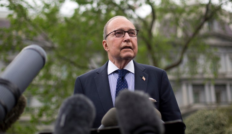White House chief economic adviser Larry Kudlow speaks to members of the media outside the West Wing of the White House in Washington, Monday, April 15, 2019.