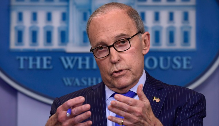 Inn this June 6, 2018, photo, Senior White House economic adviser Larry Kudlow speaks during a briefing at the White House in Washington.