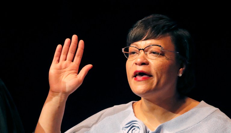 New Orleans Mayor Latoya Cantrell, right, is sworn in by her father-in-law, Magistrate Judge Harry Cantrell, at her inauguration in New Orleans, Monday, May 7, 2018. Cantrell is the first woman to hold the job of New Orleans' mayor since the city was founded 300 years ago.