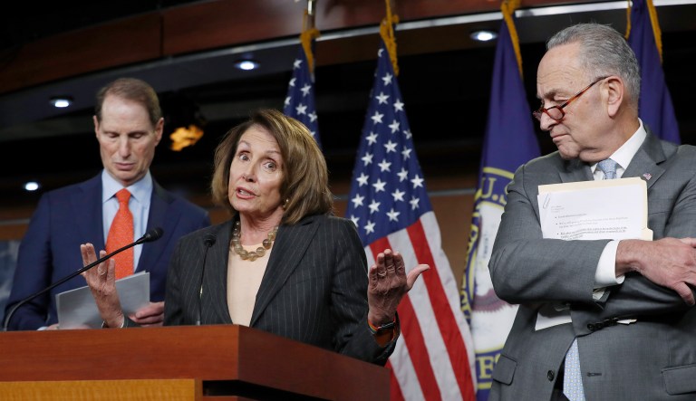 FILE - In this Nov. 2, 2017 file photo, House Minority Leader Nancy Pelosi, D-Calif., flanked by Sen. Ron Wyden, D-Ore., the ranking member of the Senate Finance Committee, left, and Senate Minority Leader Chuck Schumer, D-N.Y., holds a news conference on Capitol Hill to respond to the Republican tax reform plan in Washington. Top Democratic leaders in Congress have abruptly pulled out of a planned meeting with President Donald Trump after he attacked them on Twitter. Trump tweeted early Tuesday that "I don't see a deal!" with Senate Minority Leader Charles Schumer and top House Democrat Nancy Pelosi. Schumer and Pelosi are shooting back with a statement asking for talks with top GOP leaders in Congress instead because, they wrote, âwe donât have any time to waste.â