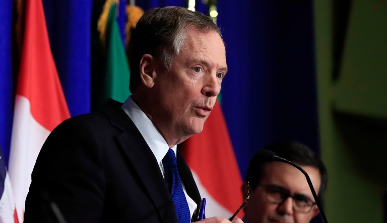 FILE - In this Oct. 17, 2017 file photo, United States Trade Representative Robert Lighthizer, left, with Mexico's Secretary of Economy Ildefonso Guajardo Villarreal, right, speaks during the conclusion of the fourth round of negotiations for a new North American Free Trade Agreement (NAFTA) in Washington. Gathering strength for a potentially brutal trade war with China, the United States is trying to patch things up with its friends. U.S. and Mexican negotiators are meeting Thursday and Friday to work on a rewrite of the North American Free Trade Agreement -- a deal that looked virtually dead a few months ago. And last week the Trump administration reached a cease-fire with Europe in a dispute over autos. 