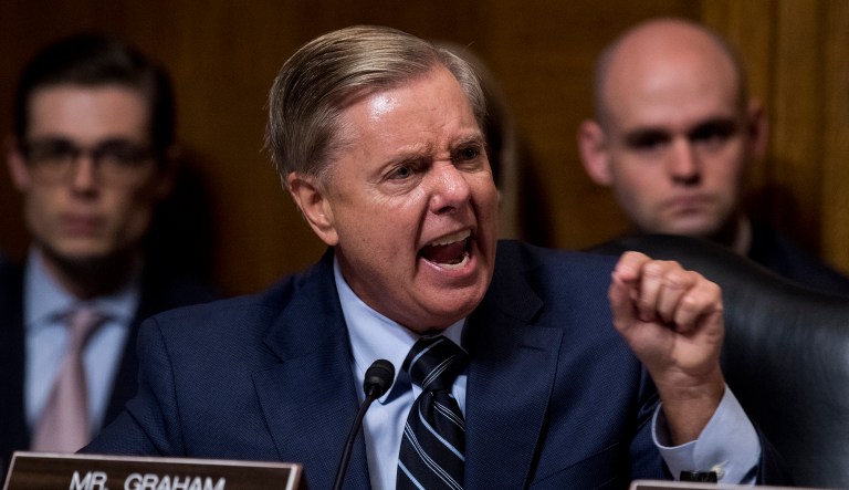 Sen. Lindsey Graham, R-S.C., points as Democrats as he defends Supreme Court nominee Brett Kavanaugh at the Senate Judiciary Committee on Capitol Hill in Washington, Thursday, Sept. 27, 2018. 