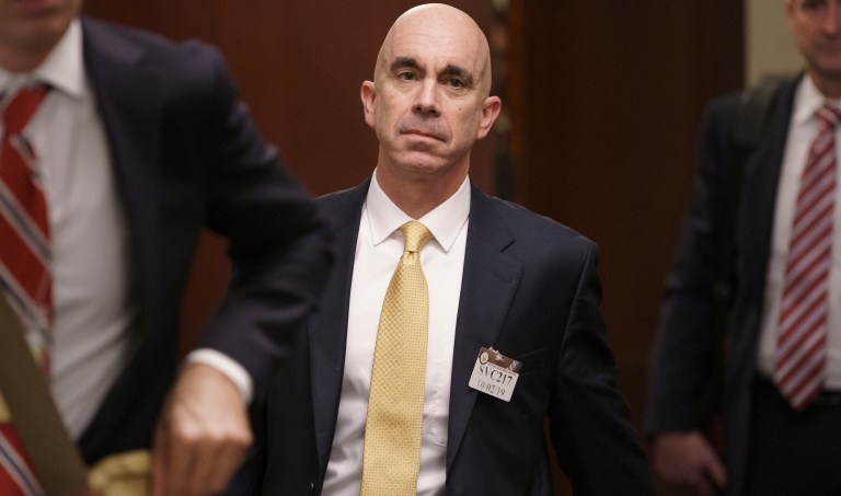 State Department Inspector 9eneral Steve Linick leaves a meeting in a secure area at the Capitol where he met with Senate staff about the State Department and Ukraine, in Washington, Wednesday, Oct. 2, 2019. 