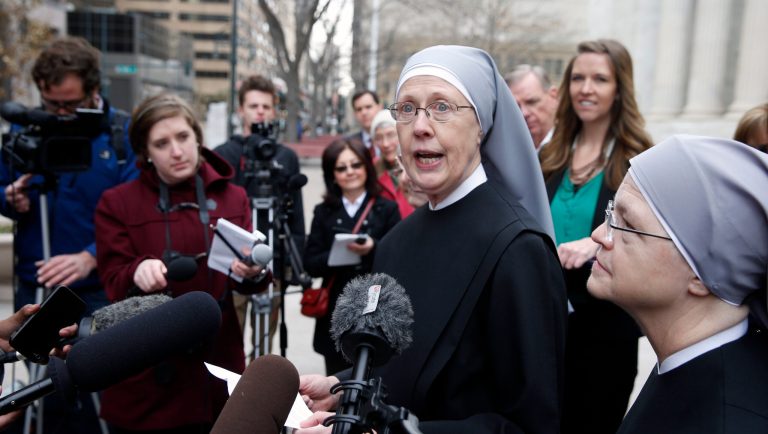 Sister Loraine Marie Maguire, of Little Sisters of the Poor, speaks to members of the media after attending a hearing in the 10th U.S. Circuit Court of Appeals, in Denver, Colo., Monday, Dec. 8, 2014. In the latest religious challenge to the federal health care law, faith-based organizations that object to covering birth control in their employee health plans argued in federal appeals court that the government hasn't gone far enough to ensure they don't have to violate their beliefs. 