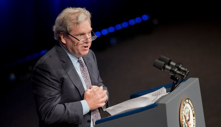 Former White House press secretary for President Bill Clinton, Joe Lockhart speaks at the Newseum in Washington, Friday, Oct. 10, 2014, during a memorial service for James S. Brady, former White House press secretary to President Ronald Reagan.