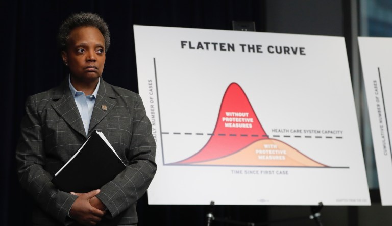 Chicago Mayor Lori Lightfoot attends a news conference where Illinois Gov. J.B. Pritzker announced a shelter in place order to combat the spread of the Covid-19 virus, Friday, March 20, 2020, in Chicago.