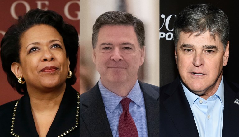 Pictured are Loretta Lynch, left, James Comey, center, and Sean Hannity, right.