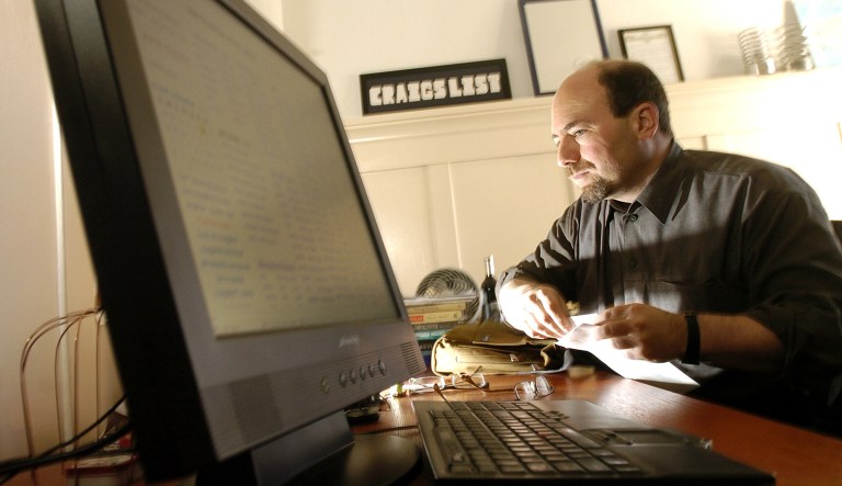 Craigslist.org founder Craig Newmark works at his companyâs San Francisco, Calif., offices on Feb. 24, 2006.