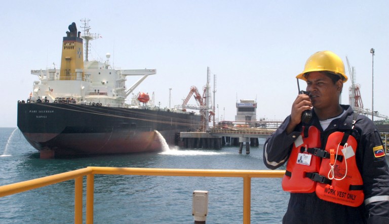 An oil tanker is filled at the Jose Antonio Anzoategui Petroleum Complex in the Anzoategui State in Venezuela, August 24, 2004.