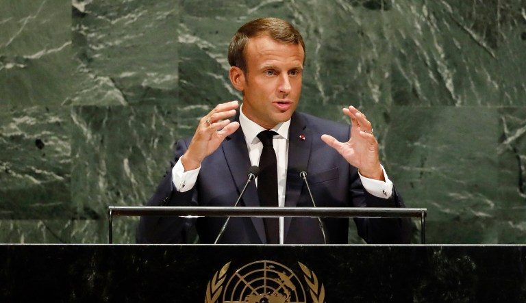 France's President Emmanuel Macron addresses the 74th session of the United Nations General Assembly, Tuesday, Sept. 24, 2019.