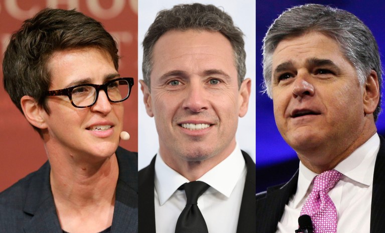 Pictured are Rachel Maddow, left, Chris Cuomo, center, and Sean Hannity, right.