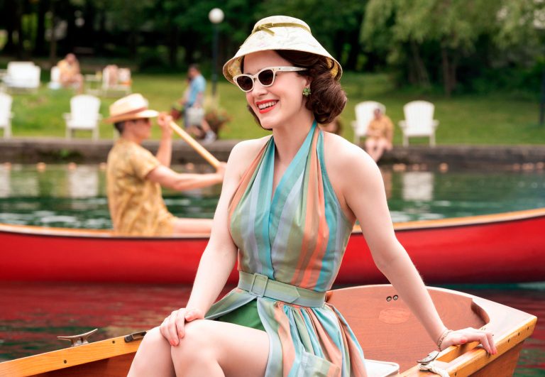 This image released by Amazon shows Rachel Brosnahan in a scene from "The Marvelous Mrs. Maisel."  On Thursday, Dec. 6, 2018,  Brosnahan was nominated for a Golden Globe award for lead actress in a comedy series for her role in the series. The 76th Golden Globe Awards will be held on Sunday, Jan. 6. (Nicole Rivelli/Amazon via AP)
