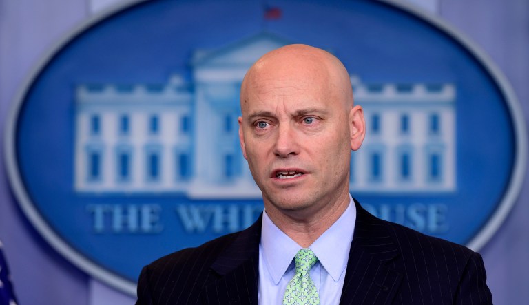 White House Legislative Affairs Director Marc Short speaks during the daily briefing at the White House in Washington, Friday, March 16, 2018.