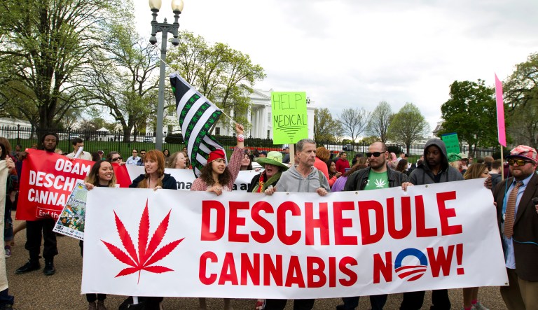 Demonstrators calling for the legalization of marijuana outside of the White House, in Washington, Saturday, April 2, 2016.