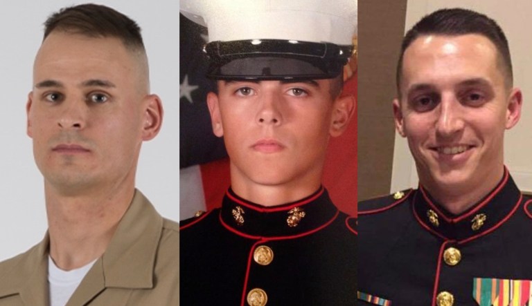 Three Marines are pictured: from left to right, Staff Sgt. Christopher Slutman, Cpl. Robert A. Hendriks, and Sgt. Benjamin Hines.