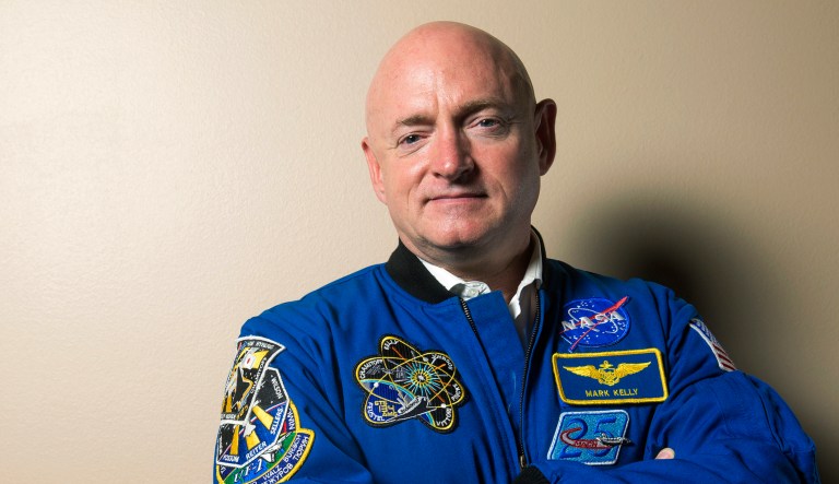 In this Sept. 26, 2017 file photo, retired astronaut Mark Kelly poses for a portrait at All Saints Episcopal School in Tyler, Texas. Kelly entered the race Tuesday, Feb. 12, 2019, to finish John McCain's term in the U.S. Senate, looking to join a small club of astronauts who have traded an office in outer space for the U.S. Capitol.
