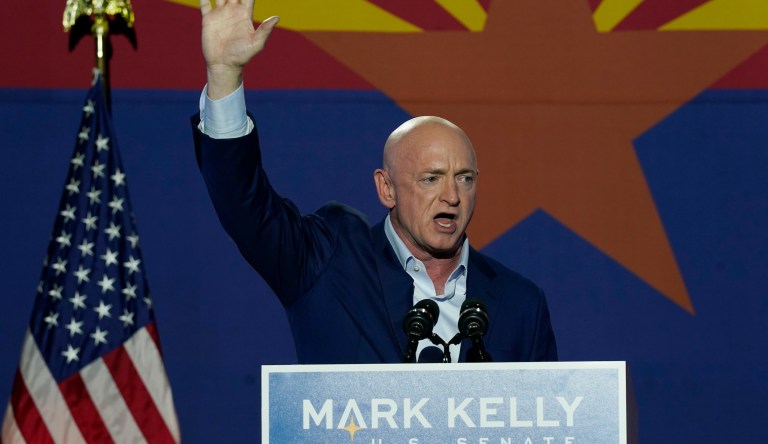 Mark Kelly speaks on Capitol Hill in Washington, Monday, Oct. 2, 2017.