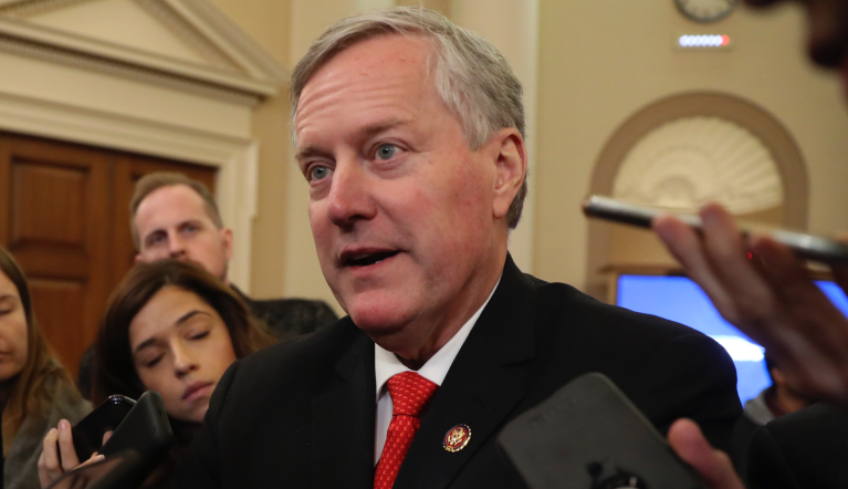 FILE - In this Nov. 13, 2019, file photo, Rep. Mark Meadows, R- N.C., speaks to reporters as the hearing with top U.S. diplomat in Ukraine William Taylor, and career Foreign Service officer George Kent, at the House Intelligence Committee ends on Capitol Hill in Washington. In a statement Thursday, Dec. 19, 2019, the North Carolina congressman and top ally to President Donald Trump says he struggled with the decision and came to it after discussion with his family. (AP Photo/Andrew Harnik, File)