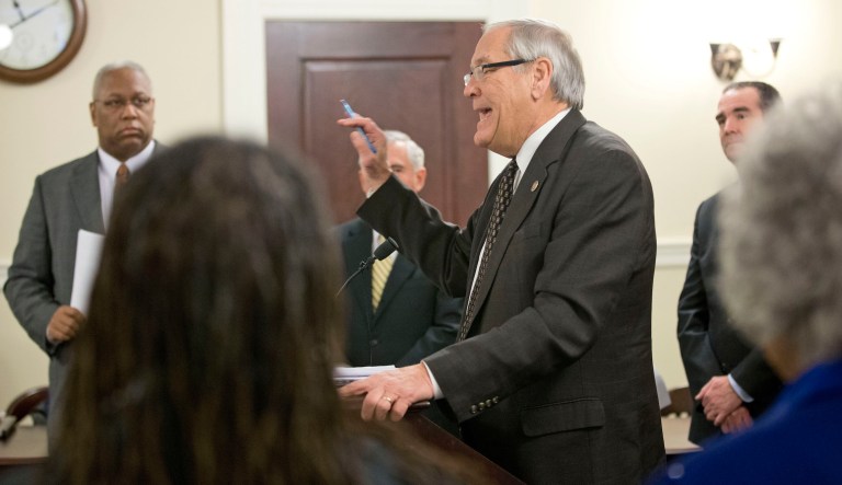 State Sen. Dave Marsden, D-Fairfax, gestures during a news conference by the Senate Democratic caucus at the Capitol in Richmond, Va., Thursday, Jan. 14, 2016. 