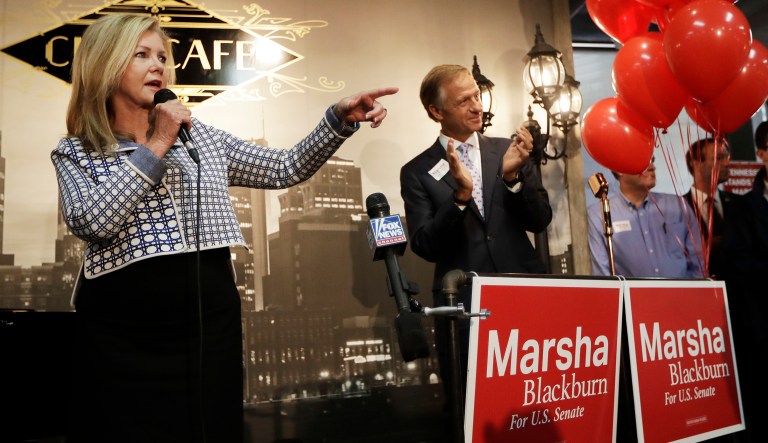 In this Aug. 2, 2018 photo, Republican U.S. Rep. Marsha Blackburn campaigns with Gov. Bill Haslam in Brentwood, Tenn.
