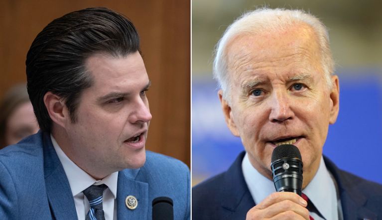 Rep. Matt Gaetz (R-FL) (left) and President Joe Biden.