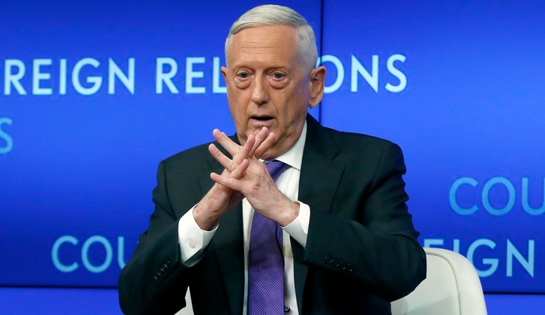 Former U.S. Secretary of Defense Jim Mattis speaks at the Council on Foreign Relations, in New York,  Tuesday, Sept. 3, 2019.