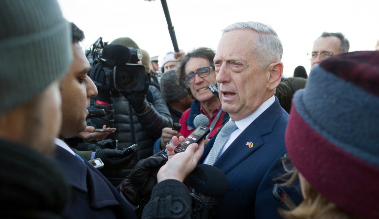 Secretary of Defense Jim Mattis speaks with reporters before welcoming Lithuanian Minister of National Defense Raimundas Karoblis to the Pentagon in Washington, Wednesday, Nov. 28, 2018.