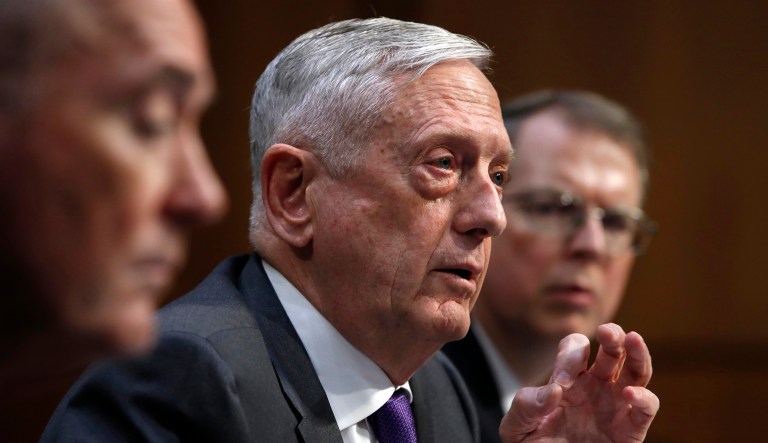Defense Secretary Jim Mattis, center, attends a hearing on the Department of Defense budget posture, with Joint Chiefs Chairman Gen. Joseph Dunford, left, and Defense Under Secretary and Chief Financial Officer David Norquist, right, during a Senate Armed Services Committee hearing, Thursday April 26, 2018, on Capitol Hill in Washington.