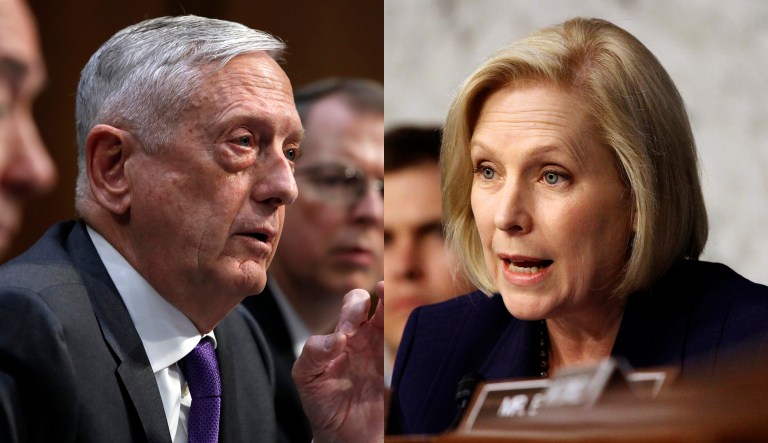 Defense Secretary Jim Mattis is pictured on the left, and Sen. Kirsten Gillibrand, D-N.Y., is pictured on the right.