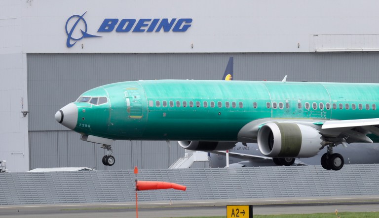 A Boeing 737 MAX 8 airplane being built for India-based Jet Airways lands following a test flight, Wednesday, April 10, 2019, at Boeing Field in Seattle. Flight test and other non-passenger-bearing flights of the plane continue in the Seattle area where the plane is manufactured, as a world-wide grounding the the 737 MAX 8 continues, following fatal crashes of MAX 8's operated by Ethiopian Airlines and Lion Air.