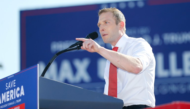 Republican congressional candidate Max Miller speaks at the Save America rally at the Delaware County Fairgrounds, Saturday, April 23, 2022, in Delaware, Ohio.