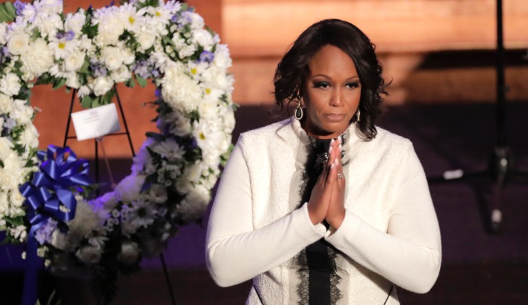 Maya Rockeymoore Cummings gestures after speaking during funeral services for the late U.S. Rep. Elijah Cummings, Friday, Oct. 25, 2019, in Baltimore.