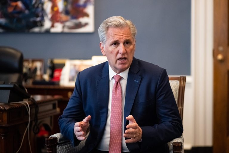 House Speaker Kevin McCarthy speaks with members of the press on Capitol Hill in Washington.