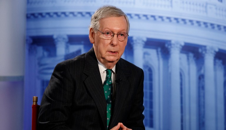 Senate Majority Leader Mitch McConnell of Ky., speaks during an interview at The Associated Press in Washington, Wednesday, Oct. 10, 2018.
