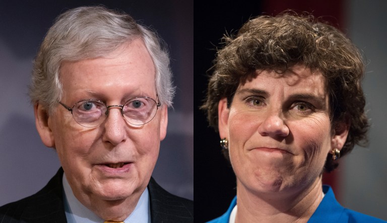 Pictured are Mitch McConnell, left, and Amy McGrath, right.