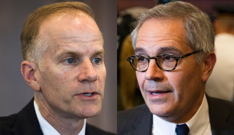 Pictured are William McSwain, left, and Larry Krasner, right.