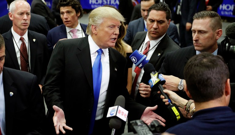 Republican presidential candidate Donald Trump speaks with the media after the presidential debate between Trump and Democratic presidential candidate Hillary Clinton at Hofstra University, Monday, Sept. 26, 2016, in Hempstead, N.Y.