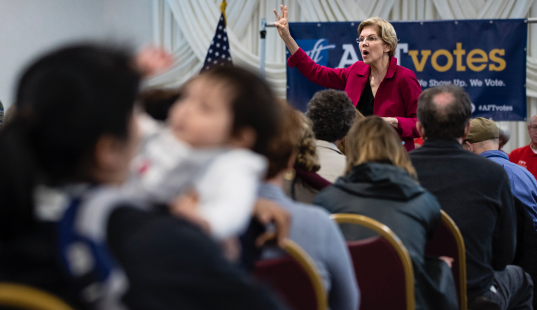 Democratic presidential candidate Sen. Elizabeth Warren, D-Mass., speaks during an American Federation of Teachers town hall event, at the Plumbers Local 690 Union Hall in Philadelphia, Monday, May 13, 2019. (AP Photo/Matt Rourke)
