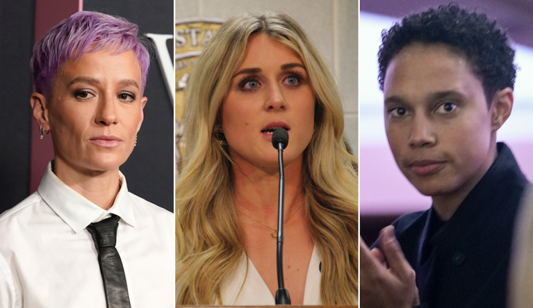 Professional soccer player Megan Rapinoe (left), former championship swimmer turned womenâs sports advocate Riley Gaines (center), and WNBA star Brittney Griner.