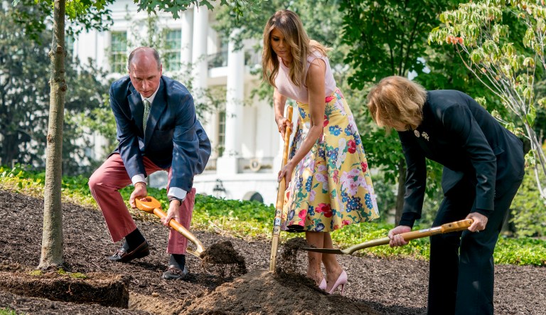 From left, President James Monroe's fifth generation grandson Richard Emory Gatchell, Jr., first lady Melania Trump, and President Dwight Eisenhower's granddaughter Mary Jean Eisenhower, participate in a presidential tree planting ceremony on the South Lawn of the White House, Monday, Aug. 27, 2018, in Washington. The sapling was grown from the Eisenhower Oak and replaces a tree which blew down during a windstorm earlier this year. Additionally, this year marks the 200th anniversary of President Monroe's family moving back into the White House after the British set fire to it during the War of 1812.