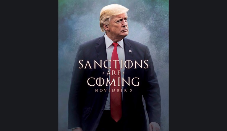 This image taken from the Twitter account of President Trump, @realDonaldTrump, shows what looks like a movie-style poster that takes creative inspiration from the TV series âGame of Thronesâ to announce the re-imposition of sanctions against Iran.  