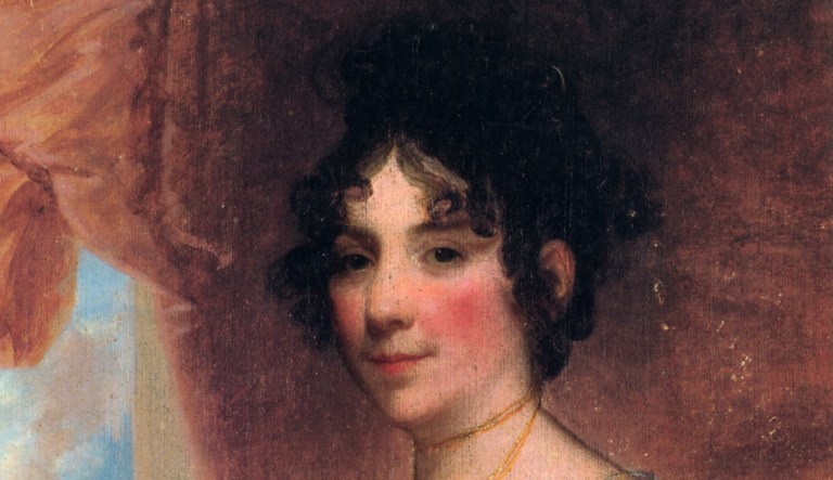 An 1804 portrait of first lady Dolley Madison by artist Gilbert Stuart.