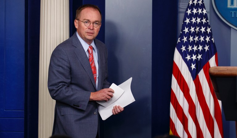 White House chief of staff Mick Mulvaney arrives to announce that the G7 will be held at Trump National Doral, Thursday, Oct. 17, 2019, in Washington.