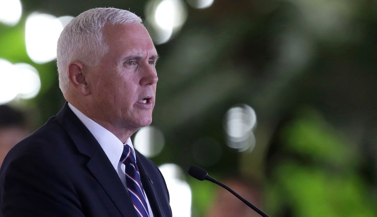 U.S. Vice President Mike Pence delivers a statement at the Itamaraty Palace, in Brasilia, Brazil, Tuesday, June 26, 2018. U.S. Vice President Mike Pence has arrived in Brazil for a Latin American trip expected to focus on the deteriorating humanitarian situation in Venezuela.